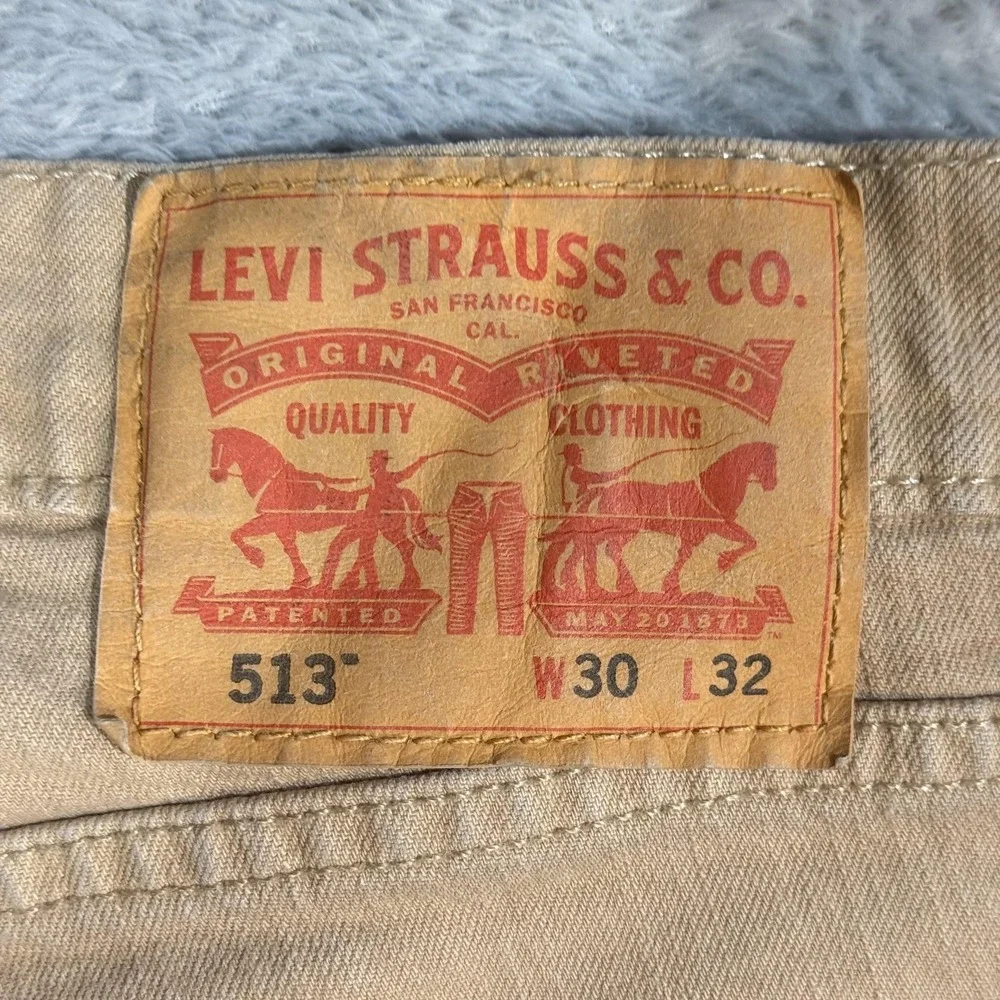 Levis 513 Jeans Mens 30x32 Khaki Slim Straight Stretch Denim Beige Zip Fly